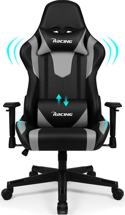 Gaming Stoel-Gaming Chair mit 90°-165° Rugleuning-Racing Style-Max Gewicht 150 kg-Grijs Gaming Stoel-Gaming Chair mit 90°-165° Rugleuning-Racing Style-Max Gewicht 150 kg-Grijs