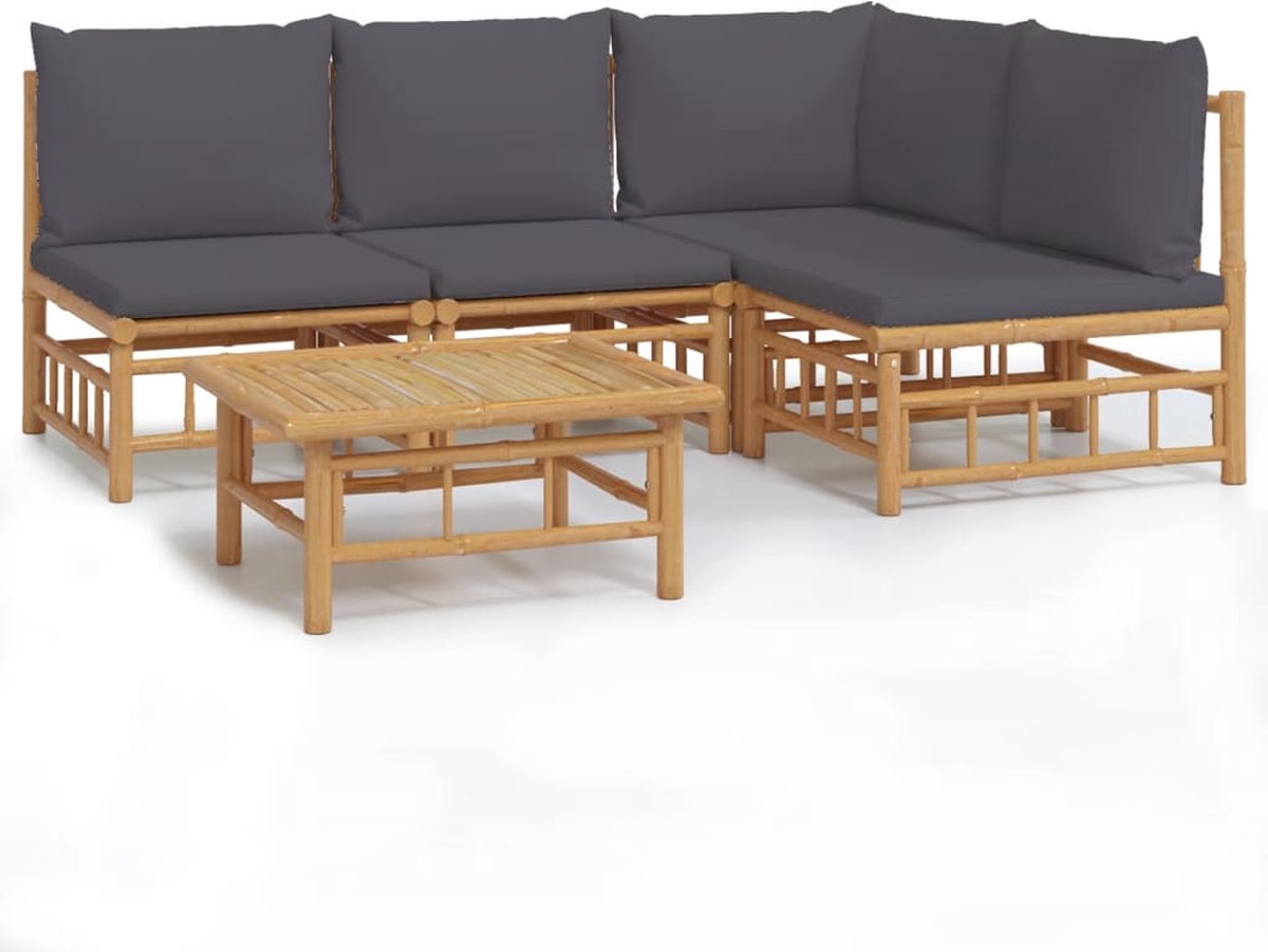 vidaXL 5-delige - Loungeset - met - kussens - bamboe - donkergrijs