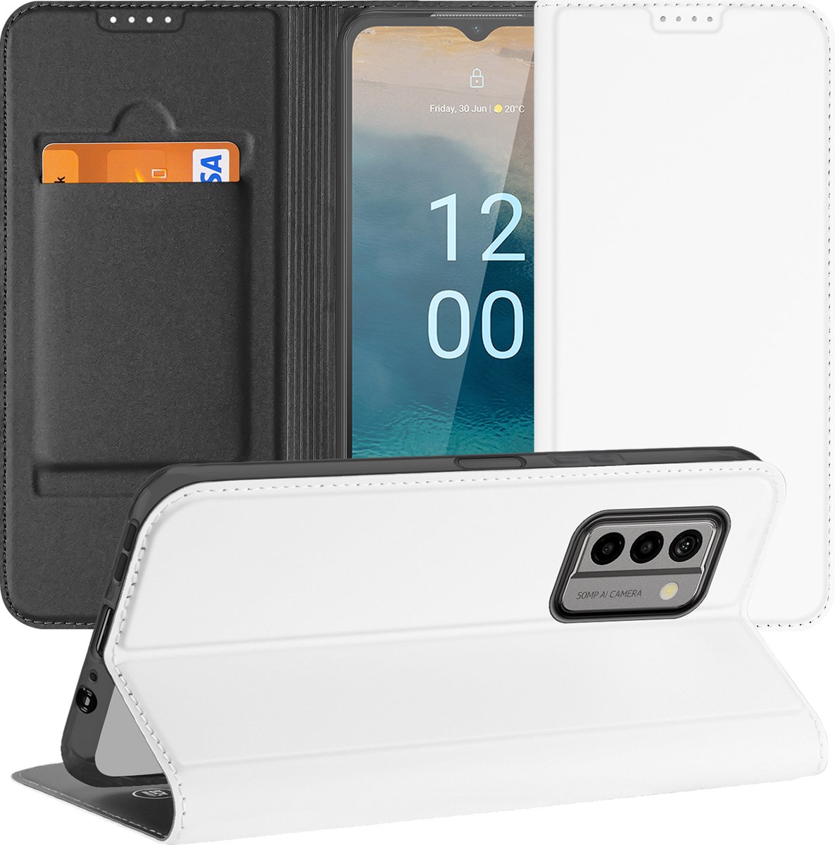 Stand Case Hoesje voor de Nokia G22 Wit met Pashouder