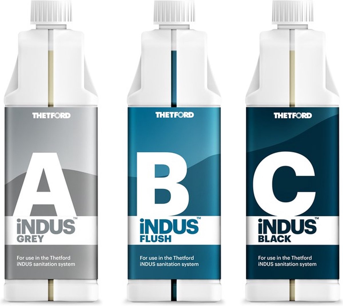 Thetford sanitair toevoegset 3 stuks met Indus grey / flush/ black volautomatische doseermodule 3 x 1 liter