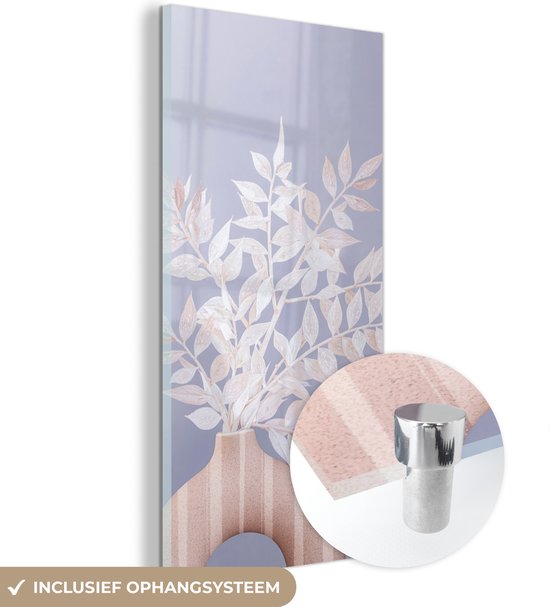 MuchoWow® Peinture sur verre 20x40 cm - Peinture sur verre acrylique - Plantes - Wit - Vase - Violet - Photo sur verre - Peintures