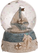 Sneeuwbol Glitterbol Maritiem met zeilschip wit lichtblauw 6 x 5 cm