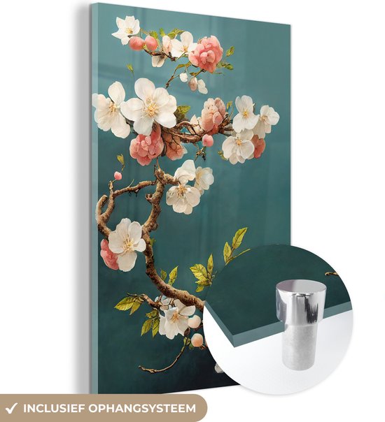 MuchoWow® Tableau sur verre 20x30 cm - Tableau sur verre acrylique - Fleurs - Fleur - Cerises - Branche - Wit - Photo sur verre - Décoration murale salon - Décoration murale chambre - Peintures