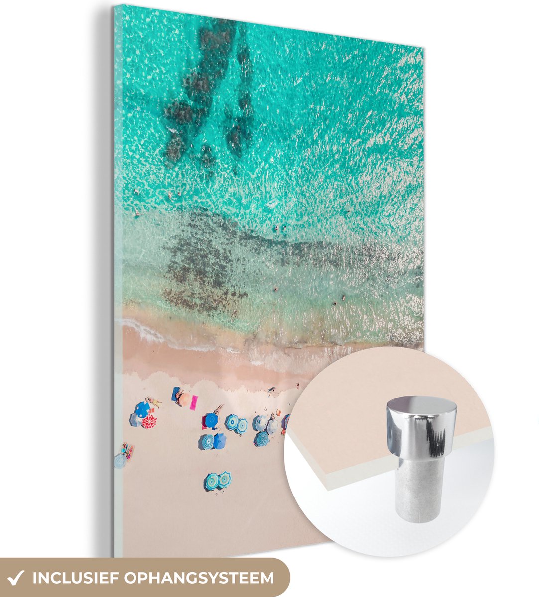 MuchoWow® Glasschilderij 60x80 cm - Schilderij acrylglas - Zee - Strand - Zomer - Parasols