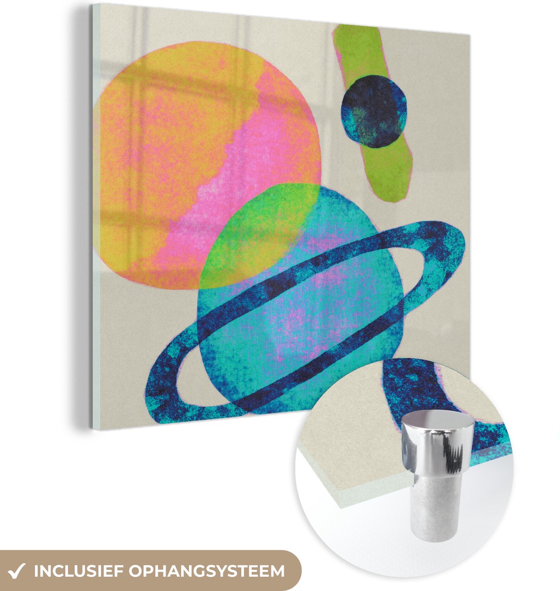 MuchoWow® Glasschilderij 90x90 cm - Schilderij acrylglas - Planeten - Abstract - Neon - Verf - Foto op glas - Schilderijen