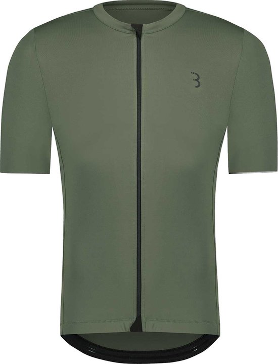 Maillot de cyclisme vert olive à manches courtes avec fermeture éclair noire, sur fond blanc.