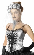 Wilbers - Halloween Kostuum - Korset Zilver Met Skelet Print En Spinnenwebben Vrouw - zilver - Maat 36 - Halloween - Verkleedkleding