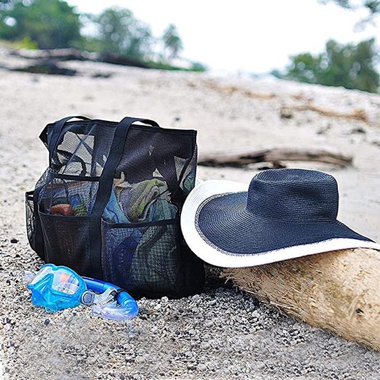 Mesh grote strandtas, extra grote multifunctionele mesh outdoor opbergtas, zandspeelgoed levensmiddelen opbergnettas, lichte nettas strand, picknick (zwart)