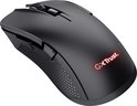 Zwarte draadloze gaming muis met verlicht logo en gedetailleerd scrollwiel.