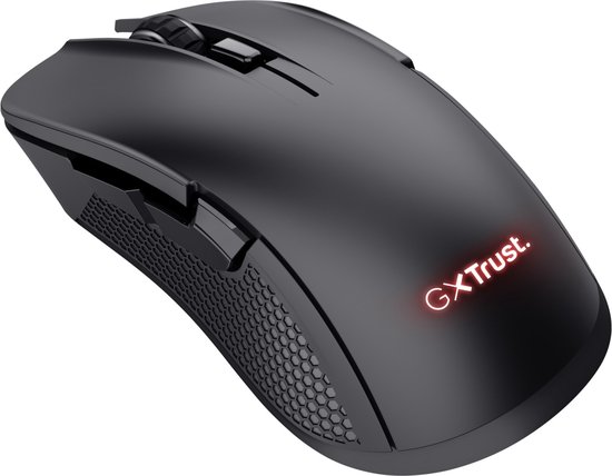 Zwarte draadloze gaming muis met verlicht logo en gedetailleerd scrollwiel.