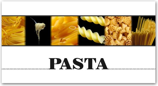 Poster / Papier - Keuken / Voeding / Pasta - Collage in wit / zwart / rood / geel / blauw - 40 x 80 cm