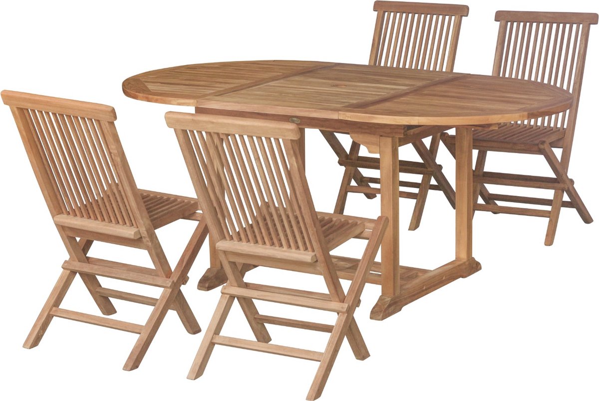 Teakhouten Tuinset Tenerif – Ovale Uitschuifbare Tuintafel 120-180 cm + 4 Klapstoelen – Massief FSC® Teak