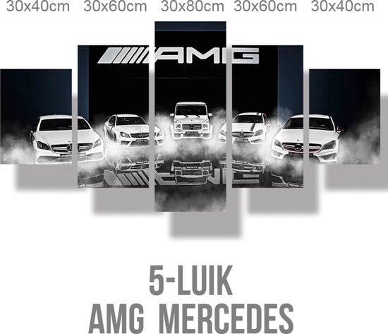 Allernieuwste.nl® Canvas Schilderij 5-luik Mercedes-Benz AMG - Autosport - Poster - 5-luik 80 x 150 cm - ZwartWit