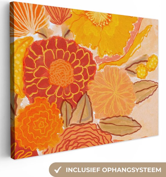 Canvas Schilderij Vintage - Boeket - Bloemen - Geel - Kleuren - 40x30 cm - Wanddecoratie