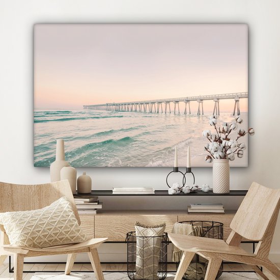 Tableau sur toile - Mer - Plage - Pont - Soir - Coucher de soleil - Peintures sur toile - Canvasdoek - Photo sur toile - Décoration salon - Chambre - Décoration murale - 120x80 cm - Toile toile - Décoration chambre