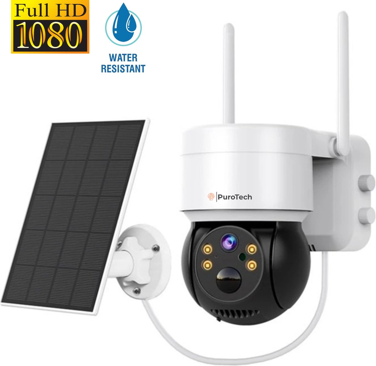 PuroTech IP Beveilingscamera - Buitencamera Met Zonnepaneel - Solar - Op Zonne Energie - Draadloos - Draaibaar en kantelbaar - Wifi Smart Waterproof IP66 - 1080P HD - Nachtzicht - Met Recorder - Dome IP Camera