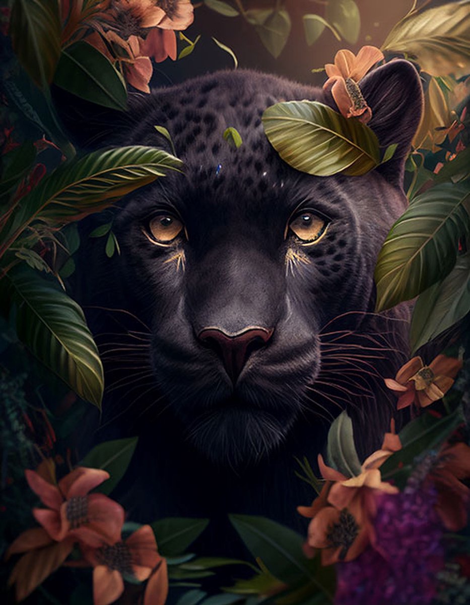 AI - Woondecoratie - Poster - Dieren - Panter - Bloemen en jungle - 25 - 30 x 40 cm