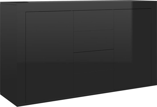 Zwarte hoogglans dressoir met drie lades en twee deuren.