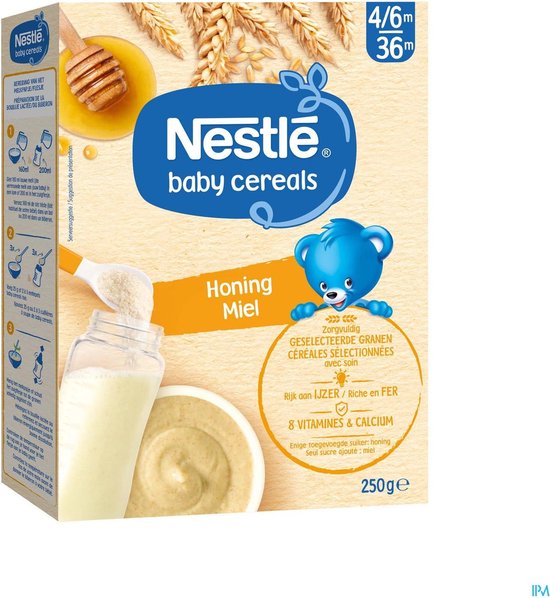 Nestlé céréales bébé miel avec une cuillère et un biberon de bouillie. 4/6m 36m 250g.