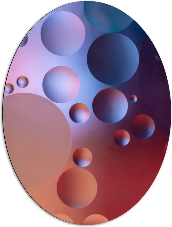 Dibond Ovaal - Abstracte Bollen in het Rood, Paars en Blauw - 72x96 cm Foto op Ovaal (Met Ophangsysteem)