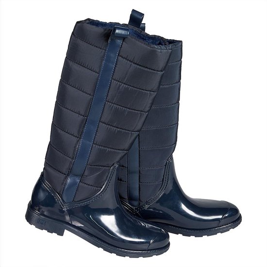Navy, gewatteerde hoge regenlaarzen met glanzende PVC-voet en -schacht, met tabbladen aan de bovenkant.