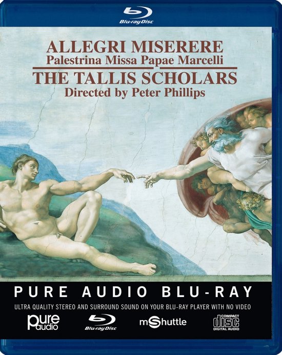 Albumhoes met de schepping van Adam, met tekst Allegri Miserere, Palestrina Missa Papae Marcelli, The Tallis Scholars.