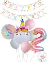 Eenhoorn Unicorn Sweet Color Feestpakket inclusief DIY Happy Birthday Slinger - Snoes - Cijfer Ballon 2 Jaar - Roze - Wit - Pastel