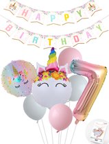 Eenhoorn Unicorn Sweet Color Feestpakket inclusief DIY Happy Birthday Slinger - Snoes - Cijfer Ballon 7 Jaar - Roze - Wit - Pastel