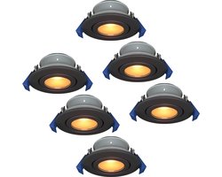 Set van 6 Lima LED inbouwspots - 4 Watt 345 lumen - 2700K Warm wit - GU10 - Dimbaar - Rond - Kantelbaar - IP65 Waterdicht - Zwart - Voor binnen, buiten en badkamer