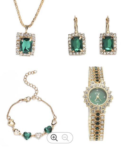 Horlogebox voor dames - geschenkdoos - cadeau set met horloge - oorbellen - ketting - ring - armband - valentijn cadeautje voor haar - goud-groen