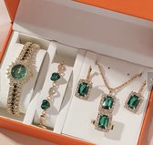 Horlogebox voor dames - geschenkdoos - cadeau set met horloge - oorbellen - ketting - ring - armband - valentijn cadeautje voor haar - goud-groen