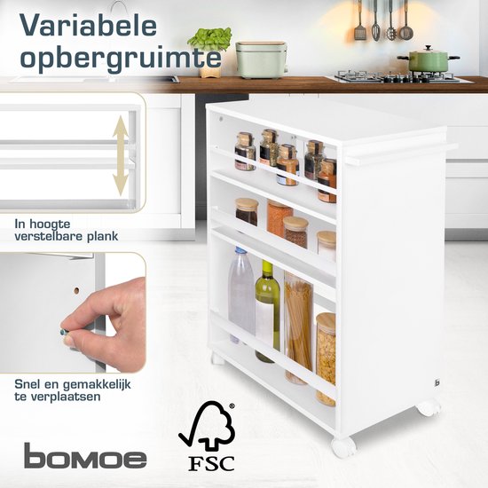 bomoe Bengt - Chariot de cuisine sur roulettes 50x79x38 cm - Chariot de service Bois avec 3 Planches et plan de travail FSC® - Wit