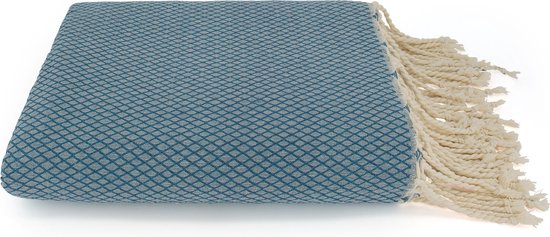Gevouwen petrolblauwe plaid met ruitpatroon en beige franjes.