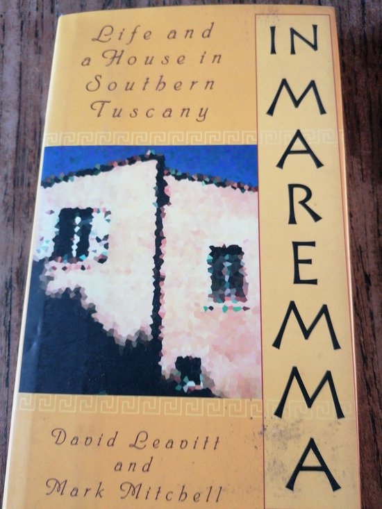 Boek 'In Maremma' met een illustratie van een wit huis met blauwe en zwarte ramen onder een blauwe lucht.