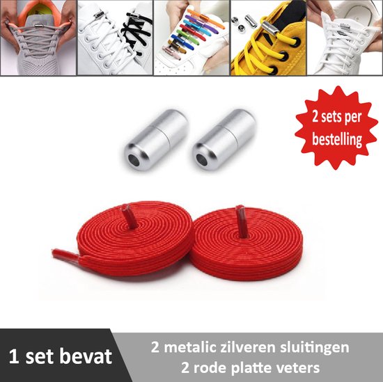 2 paar rode platte elastische veters met metalic zilveren sluitingen. Je hoeft voortaan nooit meer je veters te strikken.