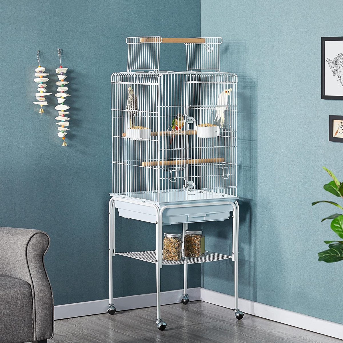 Vogelkooi, vogelhuis, vogelkooi, parkietkooi, 46,5 x 46,5 x 136 cm, kanaries, kooi, exotenkooi, papegaaienkooi, valkparkietkooi, wit HMTM-BC-10006-White