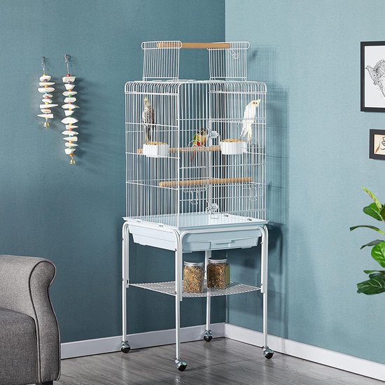 Vogelkooi, vogelhuis, vogelkooi, parkietkooi, 46,5 x 46,5 x 136 cm, kanaries, kooi, exotenkooi, papegaaienkooi, valkparkietkooi, wit HMTM-BC-10006-White