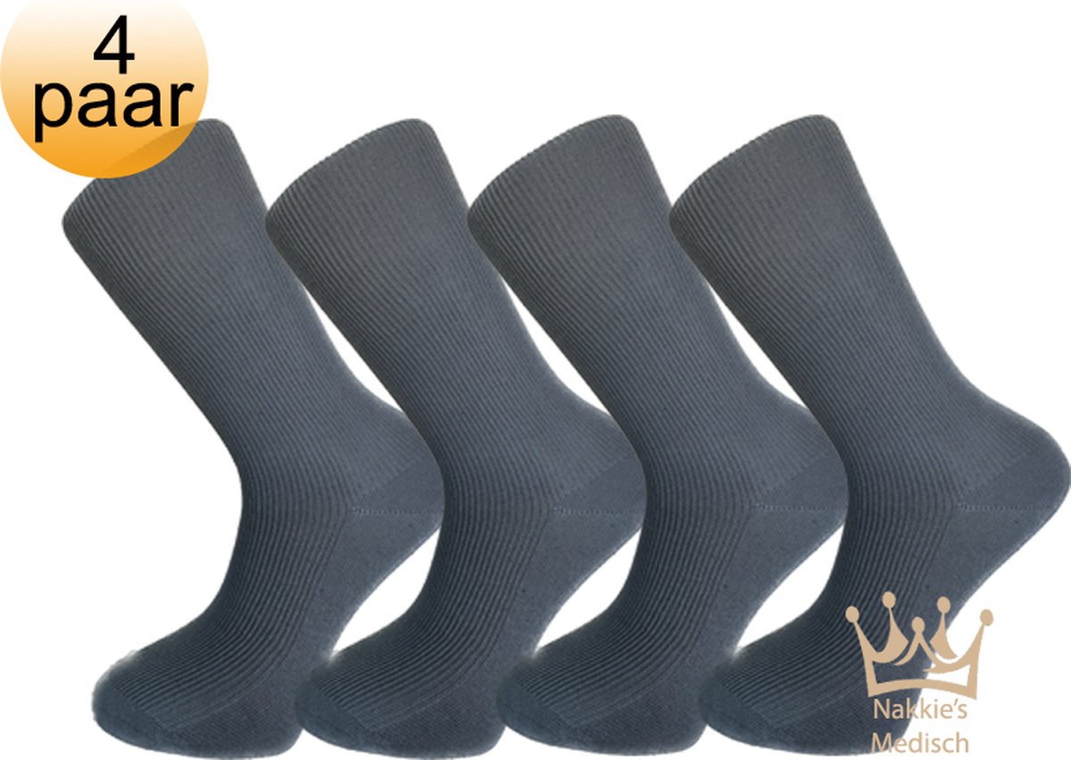 Nakkie's Medische sokken | 100% katoen | Anti bacterieel | 4 paar | Antraciet | Maat 47/50 |Sokken voor diabeten | Anti bacterieel | Sokken zonder elastiek | Naadloos