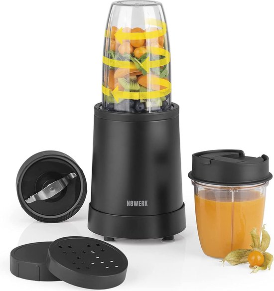 N8WERK Nutrition Mixer in de Midnight Edition - blender voor smoothies en cocktails, ice crush functie, roestvrijstalen messen, 700 ml en 350 ml mengcontainer met to-go deksel, 800 watt, zwart van Merkloos — afbeelding 3