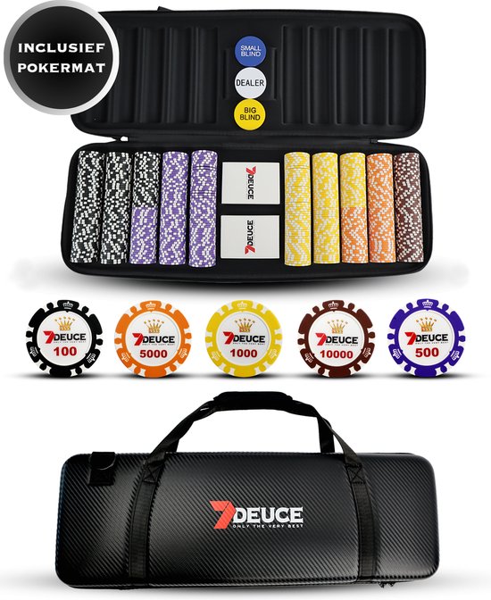 7DEUCE® Carbon Series Poker Set met 500 Keramische PokerFiches inclusief  Pokermat,... | bol.com