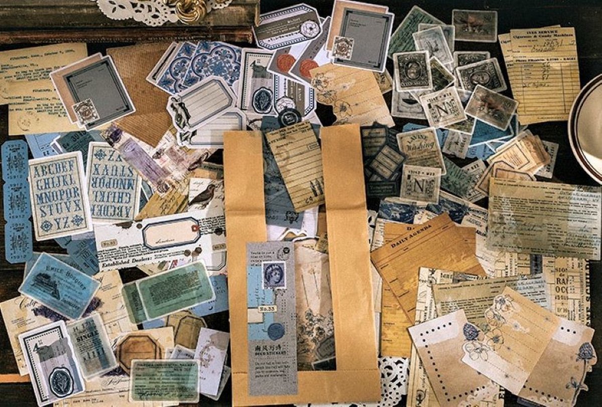 Deco Sticker- & Papierset – Vintage Blue Script – 200 stuks – – Bullet Journal Stickers – Planner Agenda Stickers – Scrapbook stickers /papier – Hobbypapier – Stickers en hobbypapier voor volwassenen en kinderen