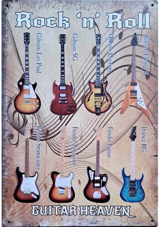 Metalen wandbord Rock and Roll Guitars Gibson Fender - 20 x 30 cm