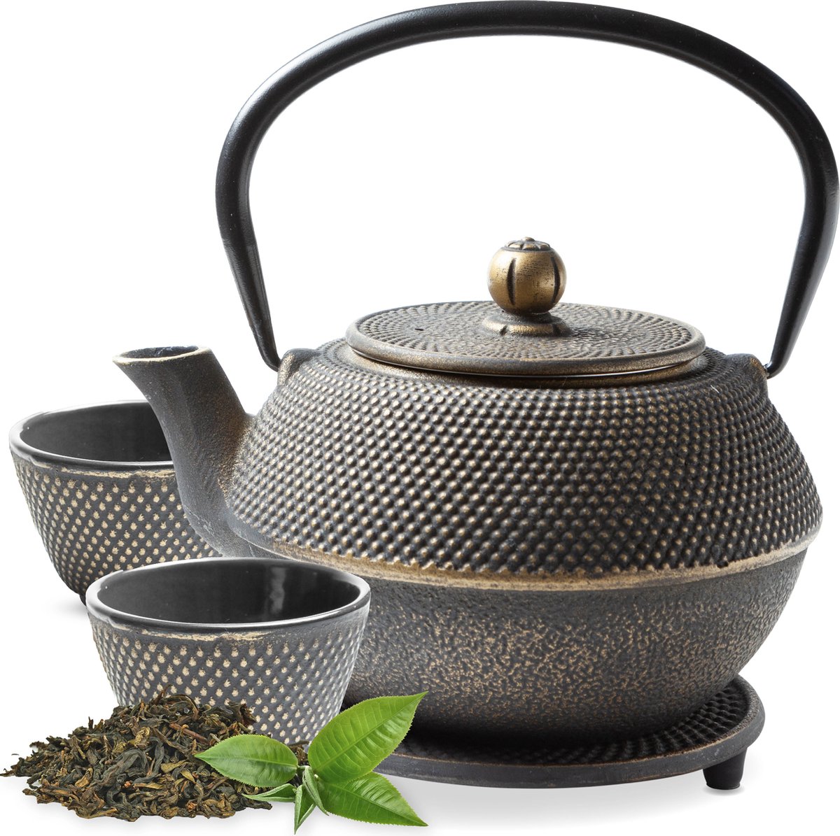 Tealøv THEE SET 1,1 LITER GIETIJZER | COMPLETE SET IN GESCHENKDOOS | Gietijzeren Theepot met Roestvrijstalen Zeef, Gietijzeren Theekopjes en Onderzetter | In Authentiek Japanse Stijl | Arare Zwart-Goud