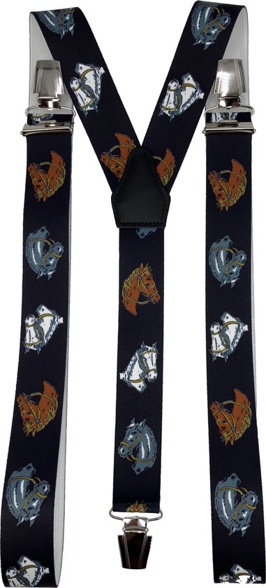 Bretels met Paarden (midnight blue) met brede extra sterke stevige Clips