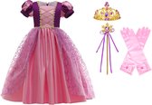 Het Betere Merk - Prinsessenjurk meisje - Roze / Paarse jurk - maat 110/116 (120) - Verkleedkleding meisje - Kroon - Tiara - Carnavalskleding Kind - Kleed - Lange handschoenen