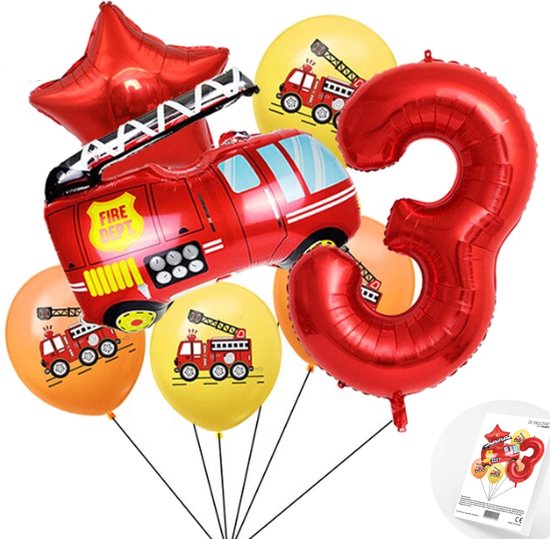 Cijfer ballon 3 jaar Brandweer Themafeest Ballonnenpakket - Rood - Zwart - Helium Ballon - Snoes