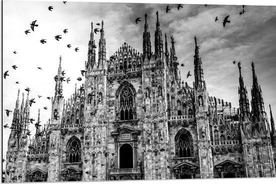 Dibond - Kathedraal in Milaan in het Zwart- wit - 90x60 cm Foto op Aluminium (Met Ophangsysteem)