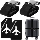 YONO Kofferriem met Kofferlabel - 2 Kofferband en 2 Bagagelabel - Dubbele Bagage Riem Verstelbaar - 4 Pack - Zwart