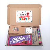Verjaardag - Geslaagd - brievenbus cadeau - Have a popping party - Milka confetti chocolade - Popcorn - Mentos - Tum Tum - Cadeau