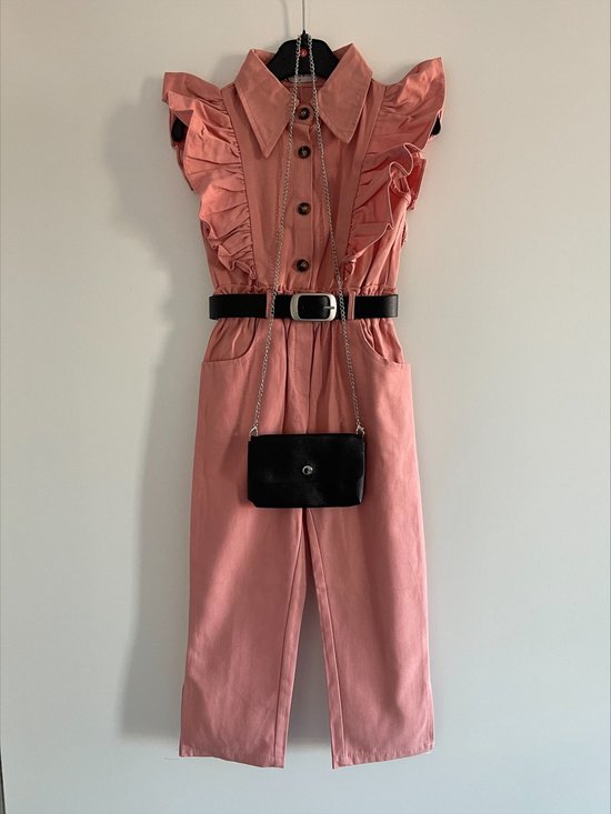 Meisjes Jumpsuit "Oud Roze" inclusief zwart tasje en een zwarte riem, verkrijgbaar in de maten 104 t/m 164